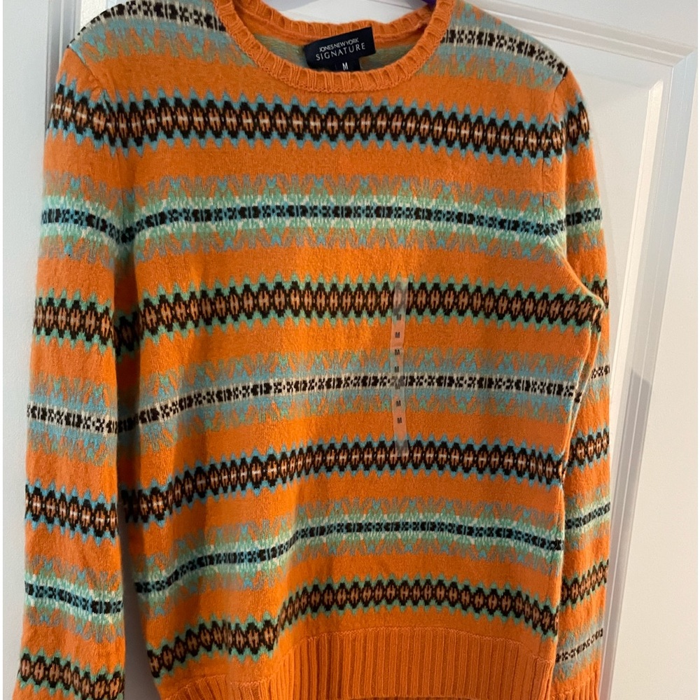 Jones New York Signature Orange Black Crew Neck Sweater